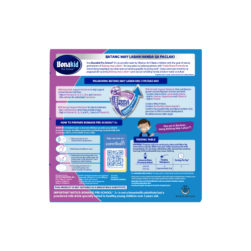 Bonakid Pre School Three Plus 1.2kg Back of Pack