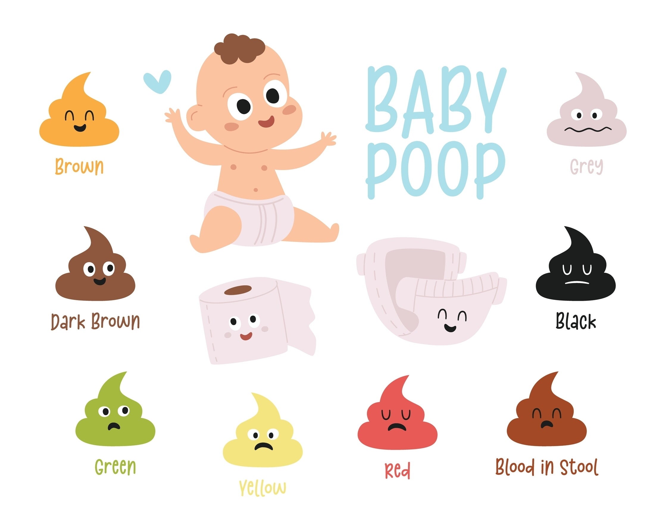 A variety of baby poop colors with a baby, emoticon diaper, and toilet paper roll illustrations.