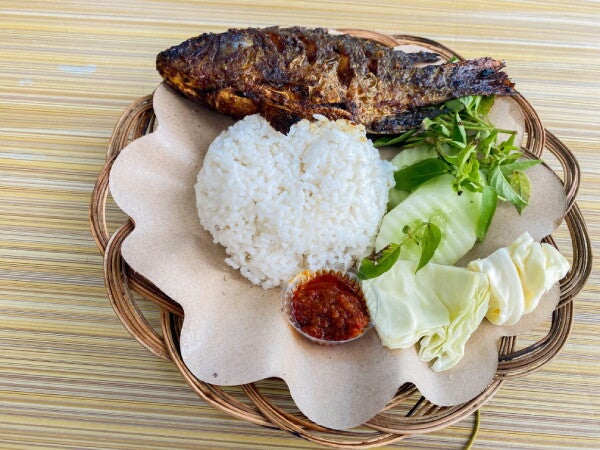Photo of grilled fish with rice and vegetables on a woven plate.
