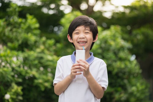 Happy Asian boy holding a Tetra Pack of milk outdoors
