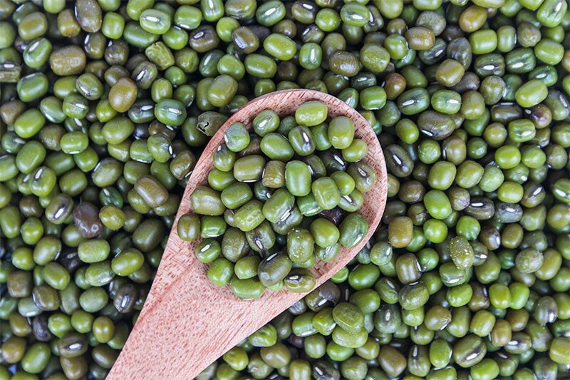 Mung beans, or munggo, are placed on a wooden spoon with a backdrop of munggo.
