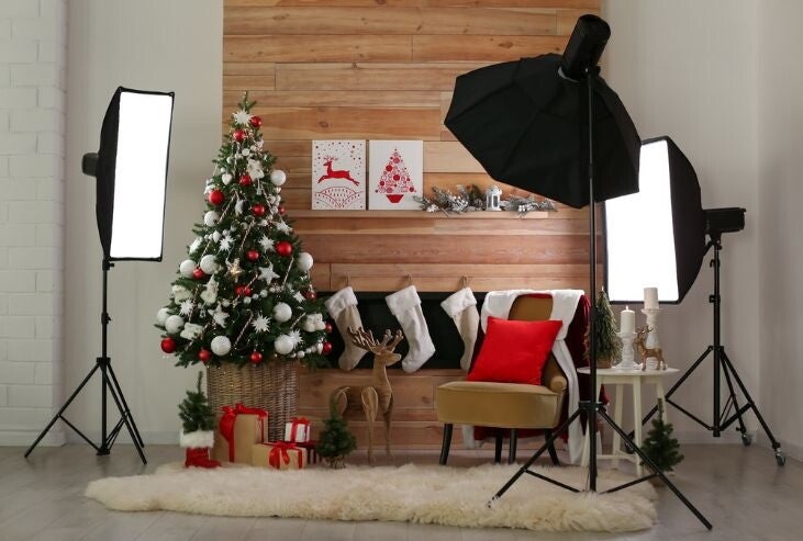 A professional photography studio with a Christmas setup.