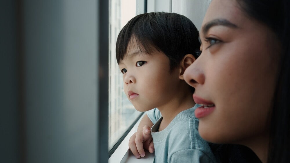 An Asian toddler and his mother calmly gaze out the window.