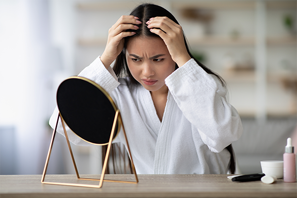 Young Asian woman checking her part to see if her part is widening.