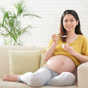 Pregnant Asian woman eating yogurt on the sofa at home.