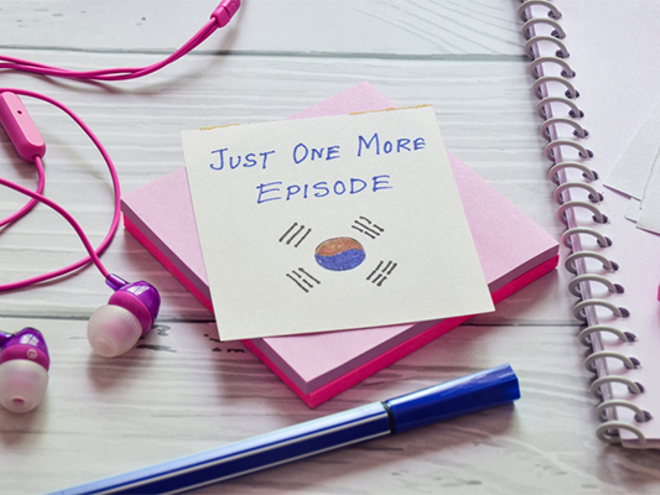 A Post-it note with the South Korean flag and the words "just one more episode.." A Post-it note with the South Korean flag and the words "just one more episode."
